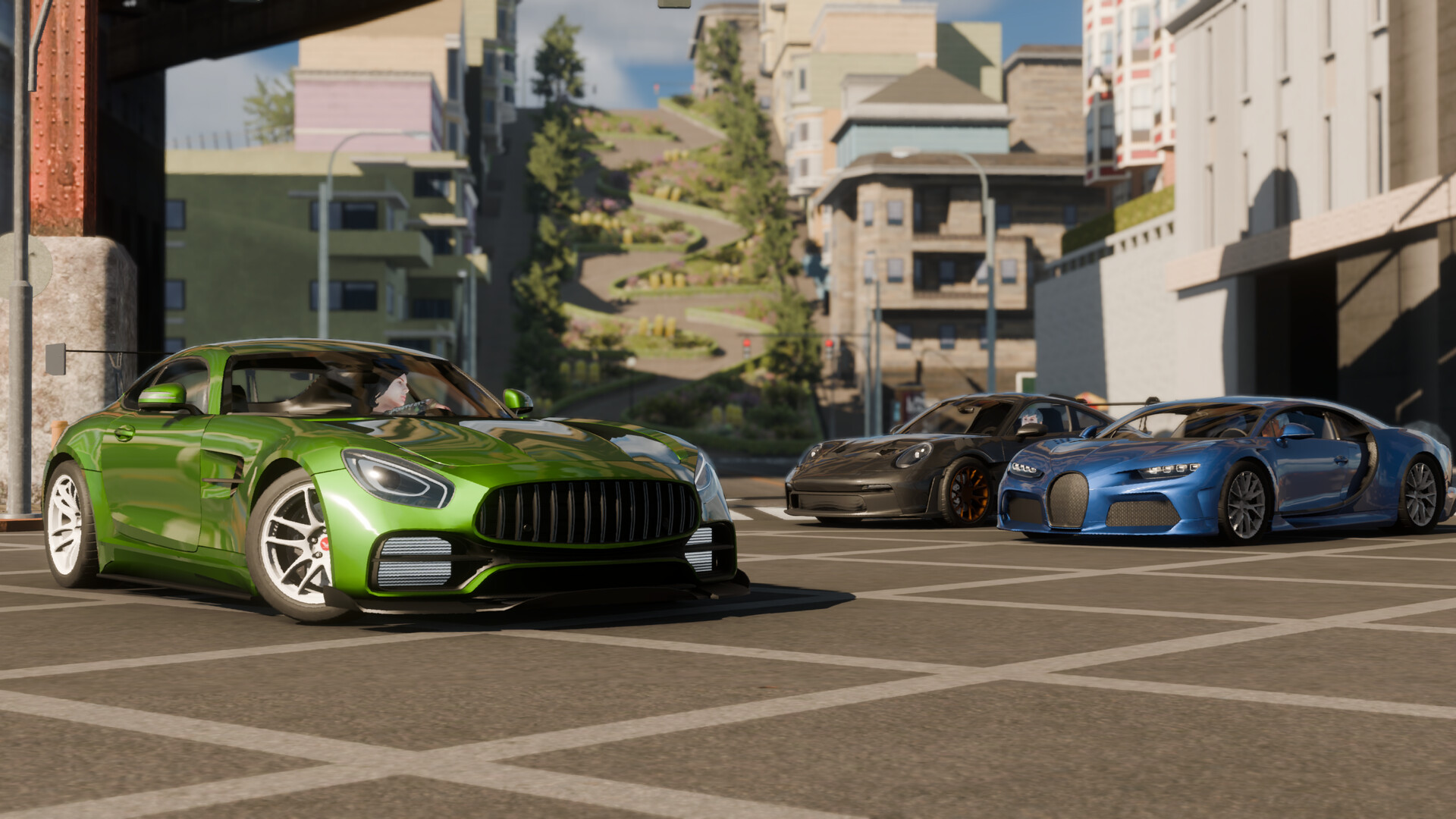 CPM 2 official Steam screenshot: three customized cars cruise through a sunny city intersection