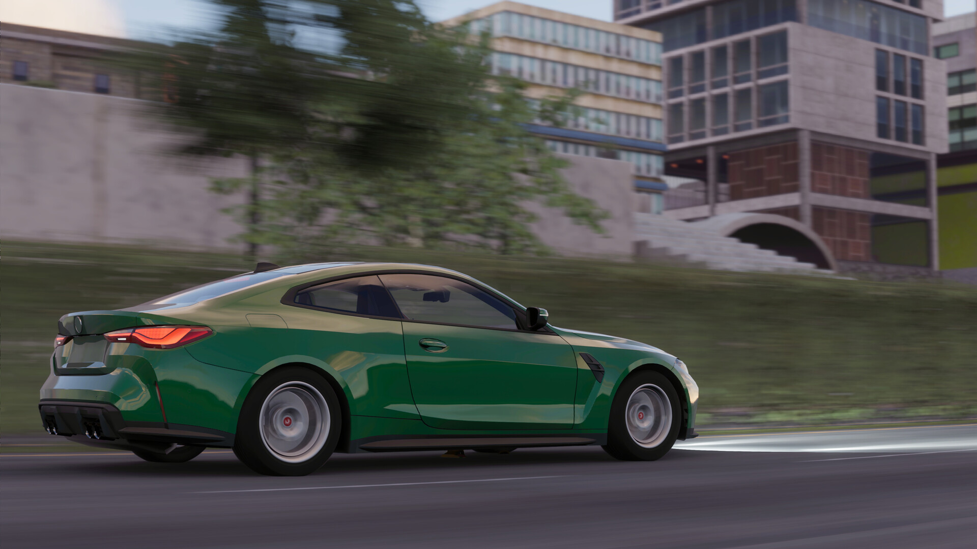 CPM 2 official Steam screenshot: a green sports coupe drives through the city at dusk
